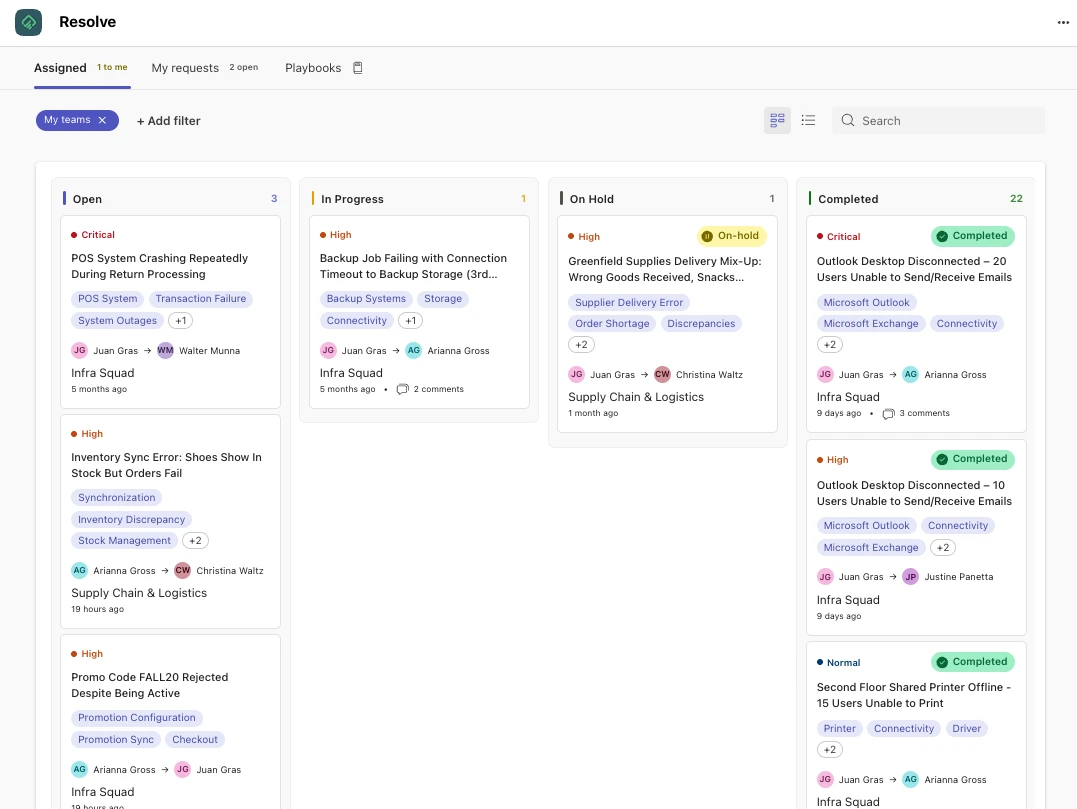 Incident board in Resolve with one-click actions